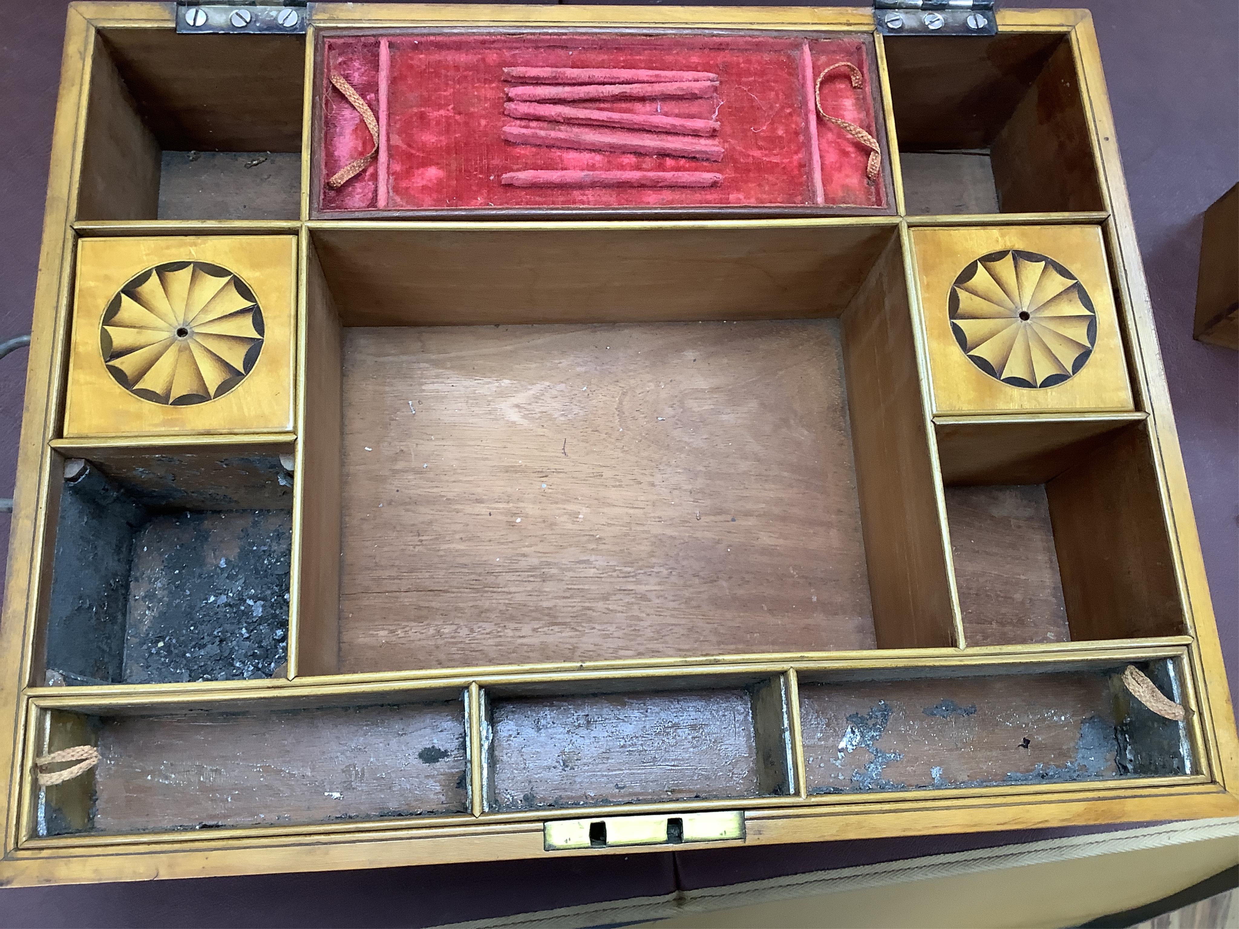 A 19th century paterae inlaid satinwood writing box, 39cm wide. CITES Submission reference ASNPNB4A. Condition - fair.
